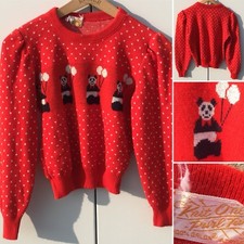 Vintage Pandas Holding Balloons Sweater Knit One Purl Two Girls