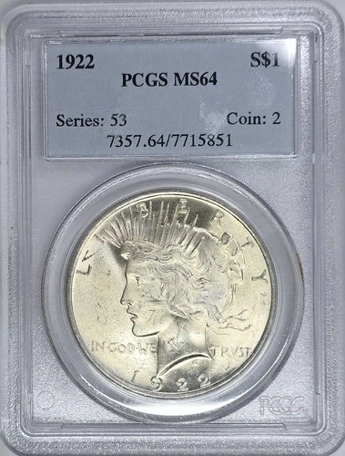 1922 P 90% Silver Peace Dollar PCGS MS64