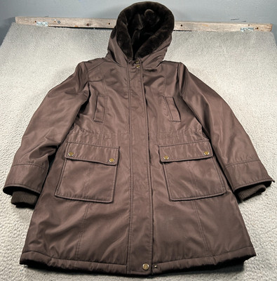 Andrew Marc Jacket Coat Women Medium Brown Polyester Faux Fur Lined Hood Jacket