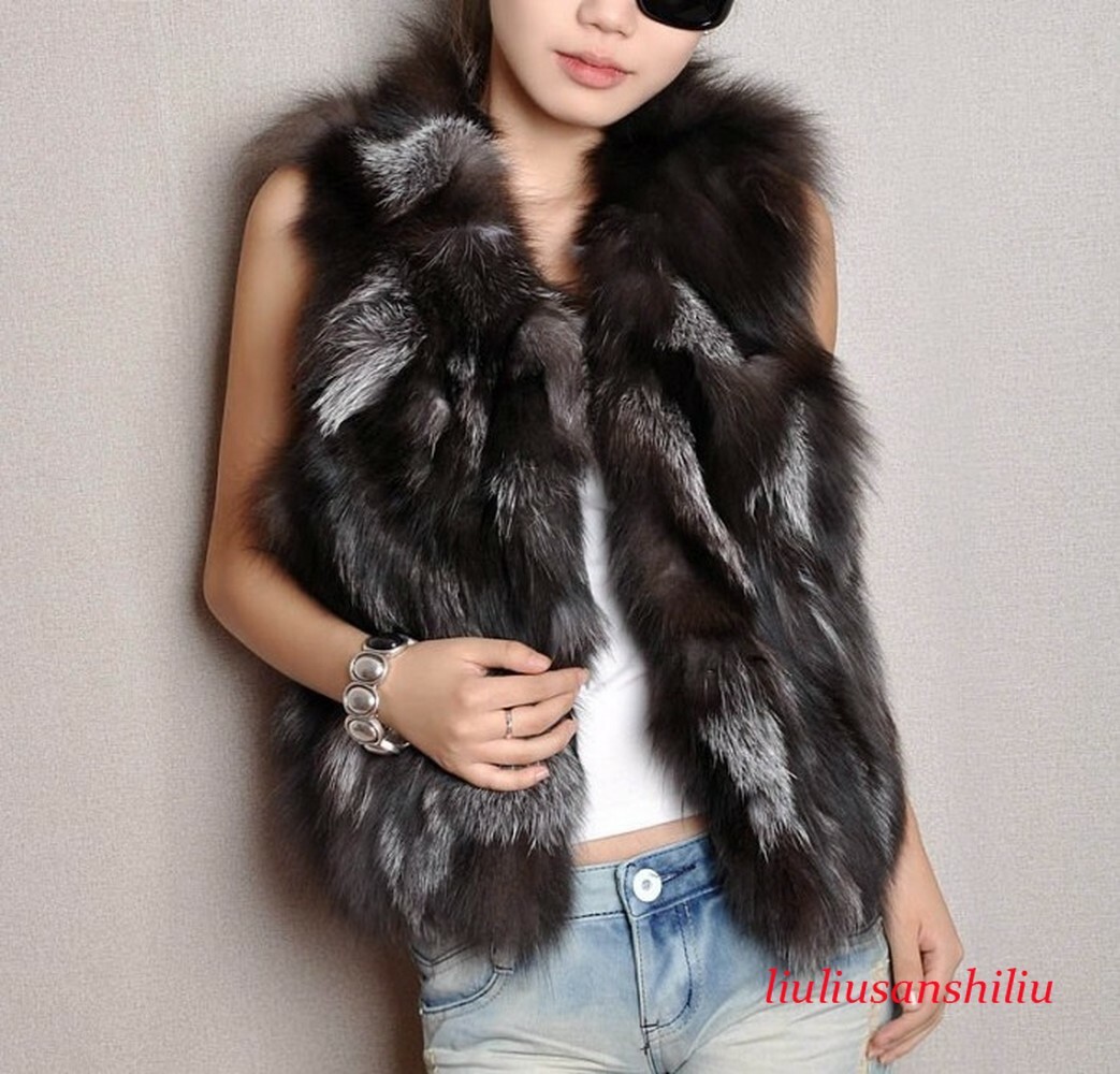 Women 100% Genuine Silver Fox Fur Vest Real Fur Short Waistcoat Tops Gilets Coat