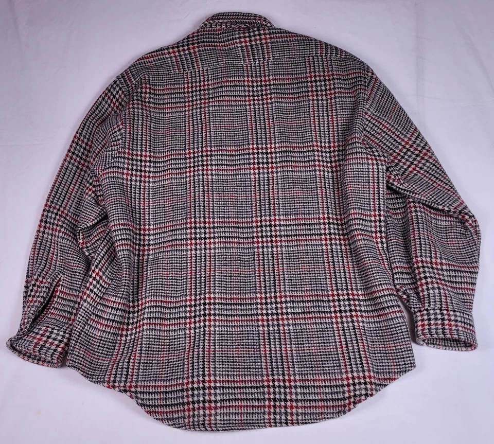Camisa masculina vintage Tommy Hilfiger M/M preta vermelha lã xadrez Houndstooth anos 90 brasão - Imagem 3 de 4