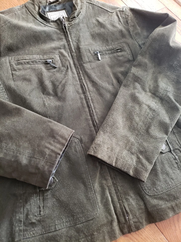 Chaqueta de cuero de gamuza genuina verde oliva con volantes talla XL para mujer  Foto 4 de 4