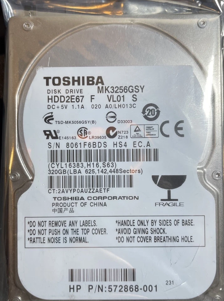 Toshiba HDD MK3256GSY 320GB 5v 1.1a  HP P/N: 572868-001 Hard Drive Computer - Image 2 of 4