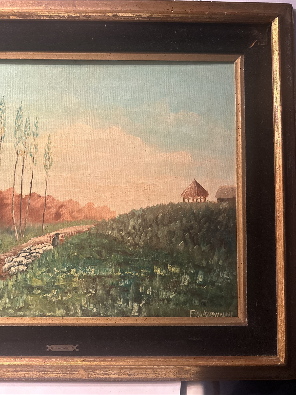 Italian “F . MAZZONCINI” LANDSCAPE  VILLAGE SCENE Oil on Wood Panel Signed