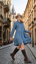 Blue Denim Tiered Dress Long Sleeve Button Down Modest S size