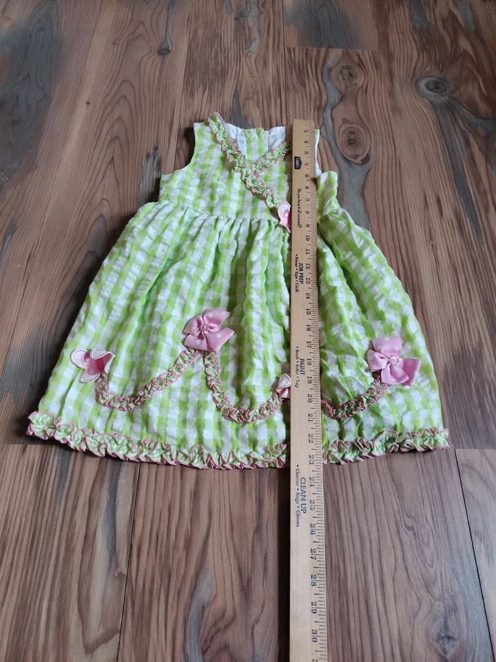 Vestido Bonnie Bebé Niñas Talla 5 Verde Blanco Cuadros Guinga Algodón Lazos Mariposa  Foto 4 de 4