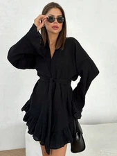 Women's Ruffled Sleeve Gauze Kimono Robe With Waist Tie And Shorts Loungewear Se