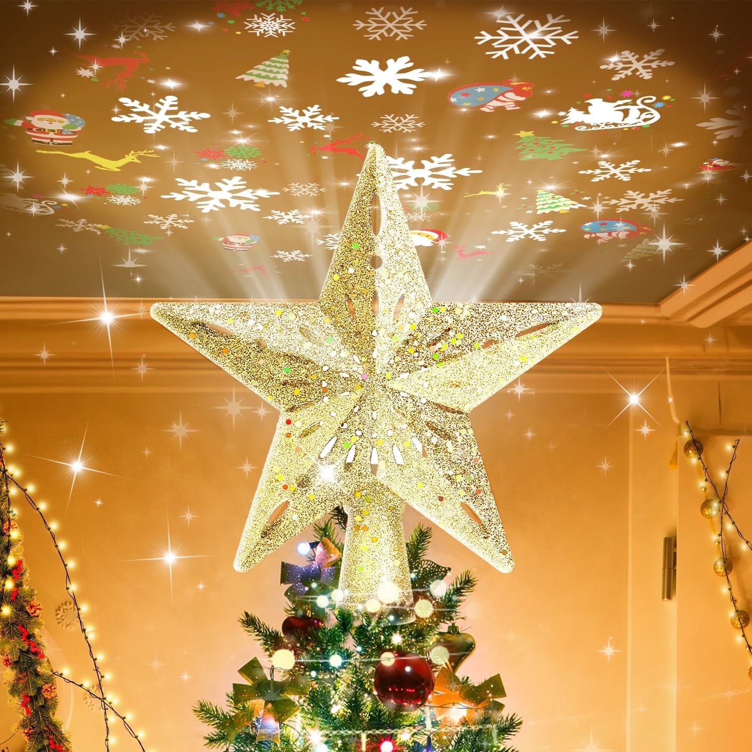 Christmas Tree Topper Projector Snowflake Christmas Star Tree 6 Projection Mode