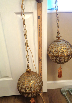 Japanese Karakusa Brass Hanging Ball Pair Lantern Light Chain Swag