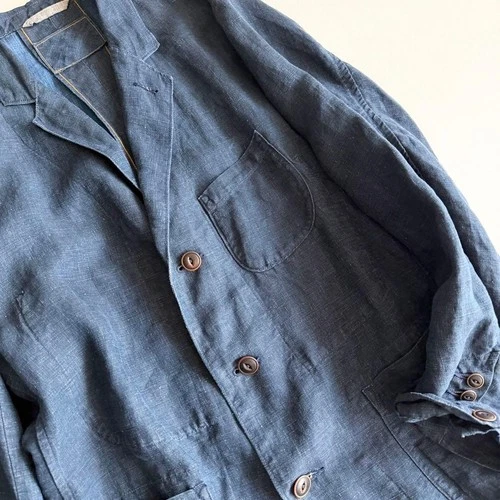 45R / 45rpm Linen Tailored Jacket Indigo Blue Size-L Excellent image 4