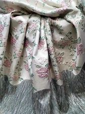 Sage Pink  FLORAL Beige Brocade Fabric Sold By The Yard Fringes Shaggy For Dress