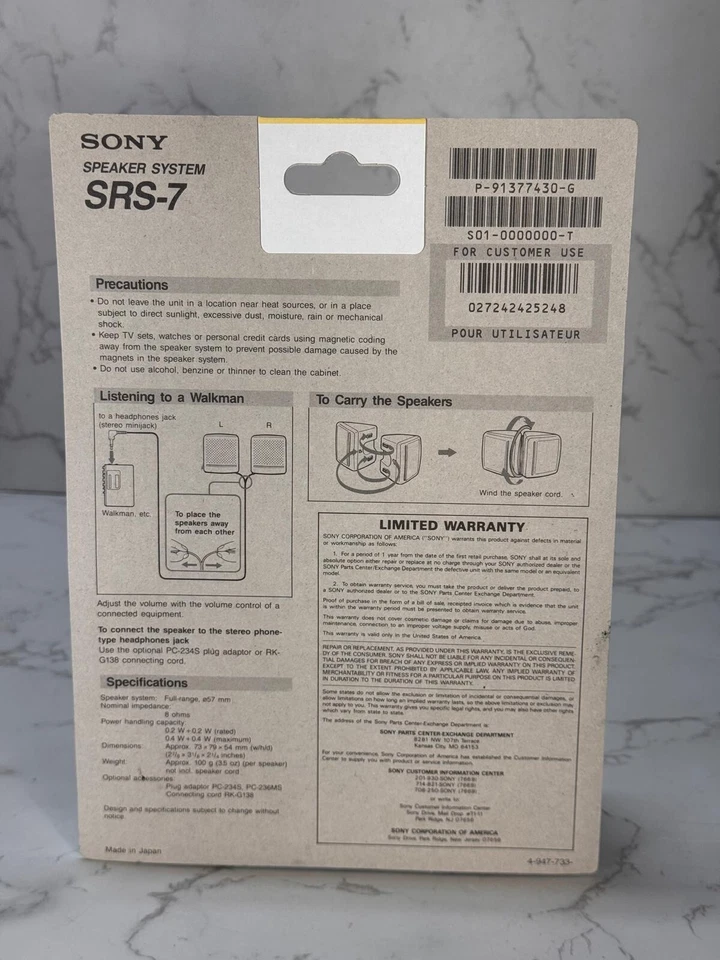 Sistema de altavoces Sony SRS-7 para Walkman Clear Sound Mini sistema de juntas NUEVO SELLADO Foto 4 de 4