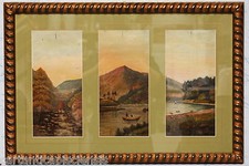 Painting Dipinto a olio su tavola Trittico Paesaggio rurale 1800 ca. con cornice