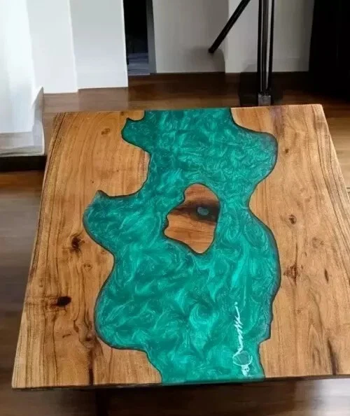 24" x 24" Square Green Epoxy Resin Center Table | Handmade Wooden Resin Top - Image 3 of 4