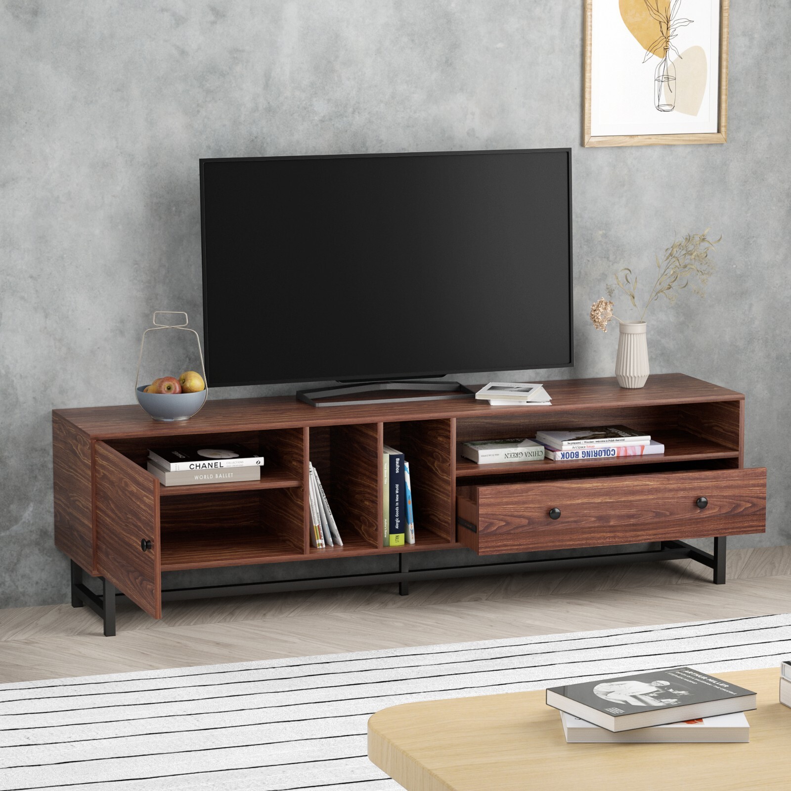 TV Stand Cabinet 71" Mid-Century Modern Wooden Entertainment Centre to 80" TV's