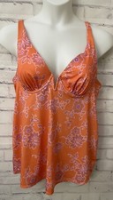 Swim By Cacique 40C Lightly Lined Plunge Tankini Top Orange Purple Floral