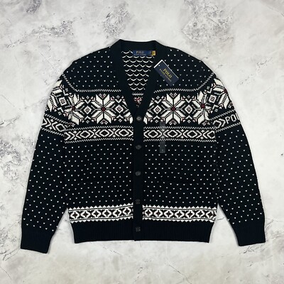 Ralph Lauren schwarze nordische Schneeflocke Baumwolle Kaschmir Strickjacke Größe Large L *neu mit Etikett*