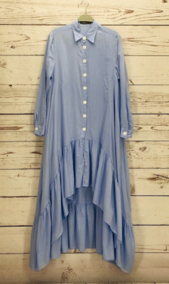 Erika Pena Rita Maxi Dress Women's XS/S Ruffle Hi Low Cotton Button Shirt Blue