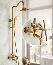 Antique Brass Bathroom Shower Faucet Carving Rain Handheld Spray Mixer Valve Tap