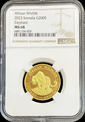 2023 GOLD SOMALIA 200 SHILLINGS LEOPARD 1/4 OZ COIN NGC MINT STATE 68