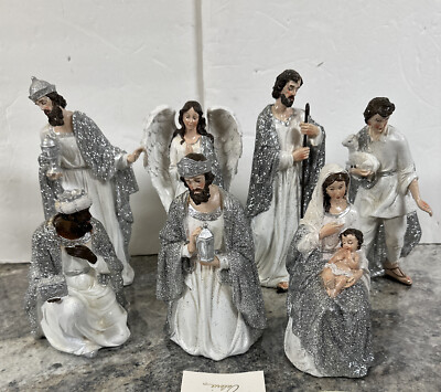7pc  Silver Glistening Nativity Set Valerie Parr Hill Holy family Wisemen RARE