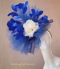 Aimee Fuller Blue Ruffle Fascinator Off-White Cream Kentucky Derby Hat Ascot