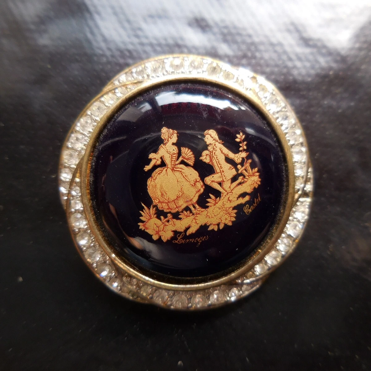 Brooch Limoges CASTEL Gold Plated Porcelain Sapphire Jewel Reborn