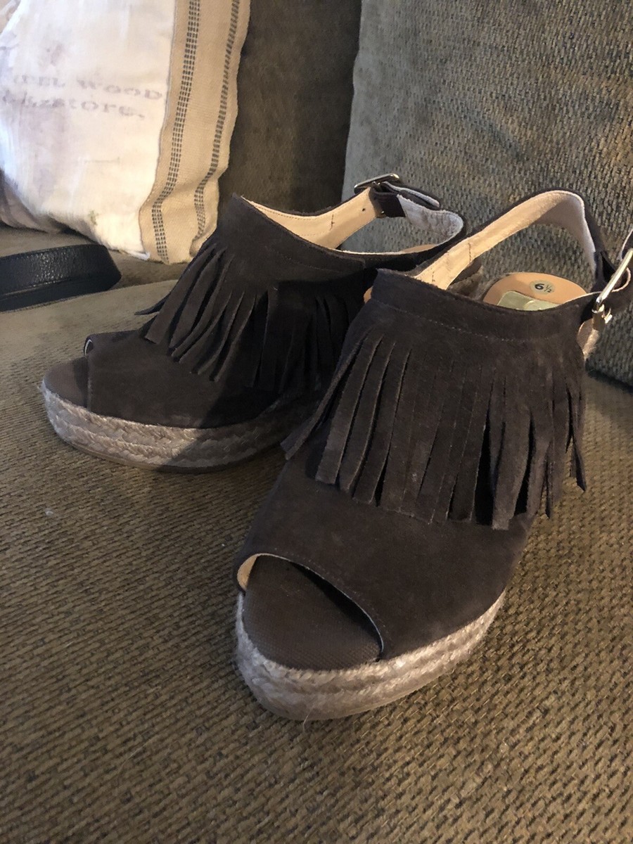 Kanna 6.5 Brown suede fringe espadrille peep toe wedge sling  display picture 1