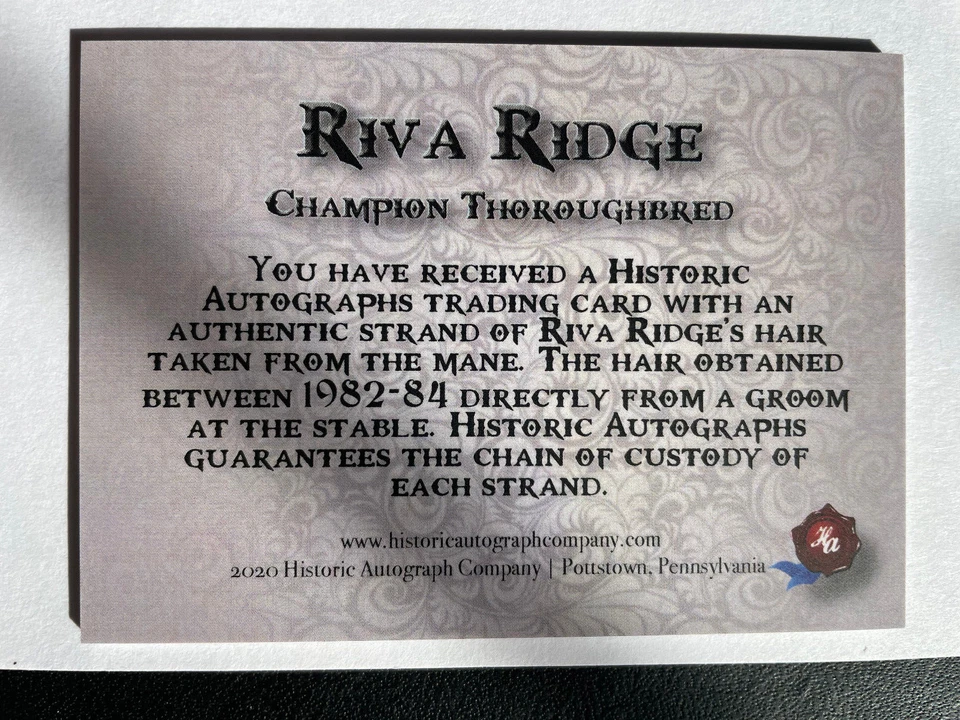 Riva Ridge 2020 Historic Autographs DNA Sample Card RARE HA Belmont Stakes Hair - Image 2 of 2