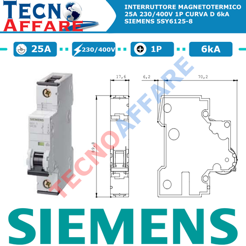 Interruptor Automático Siemens 1P 2A Curva C - Protección Sobrecarga Y Cortocircuito | 230/400V, 6kA