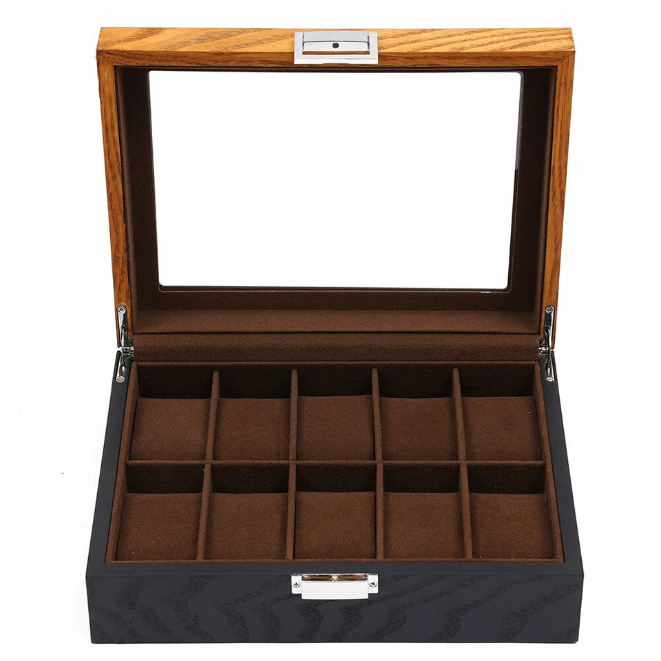 Caja de reloj organizadora de madera de 10 ranuras vitrina de almacenamiento de joyas de vidrio superior + cerradura Foto 3 de 4