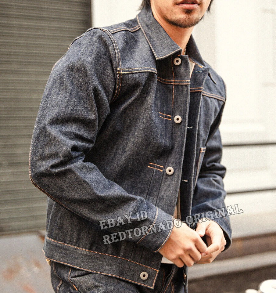 Red Tornado Men Raw Denim Jacket TYPE1 14OZ Cowboys Jean Cotton Motorcycle Coat - Image 3 of 4