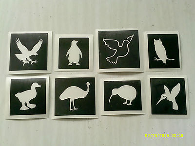 20x Vogelschablonen für Glitzer Tattoos Eule Taube Pinguin Adler Kiwi Emu Ente