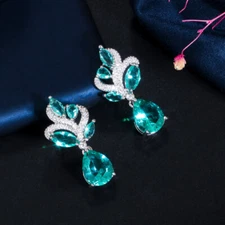 Elegant Silver Plated Green Leaf Cubic Zircon Dangle Drop Earrings Women Jewelry