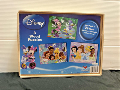 Disney 3 Wood Puzzles in Wood Box Cardinal Industries Fairies Princesses Minnie