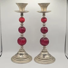 VTG Godinger Silver Art Co. Red Glass & Silverplate Candlestick Holders Pair 12”