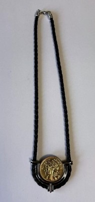 Vintage French Republic Coin Style Medallion Necklace Black Braided Cord