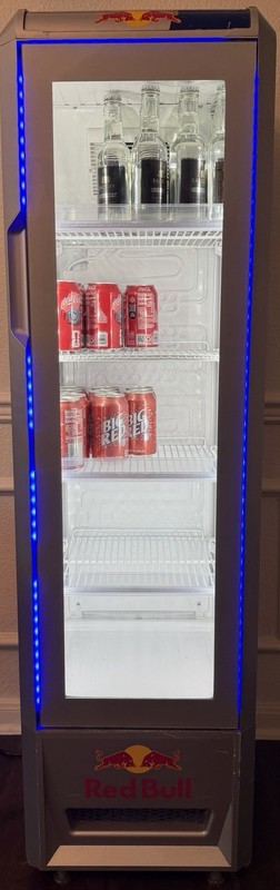 Red Bull Floor Model Glass Door Display Cooler, Flat Glass, 4 Shelves