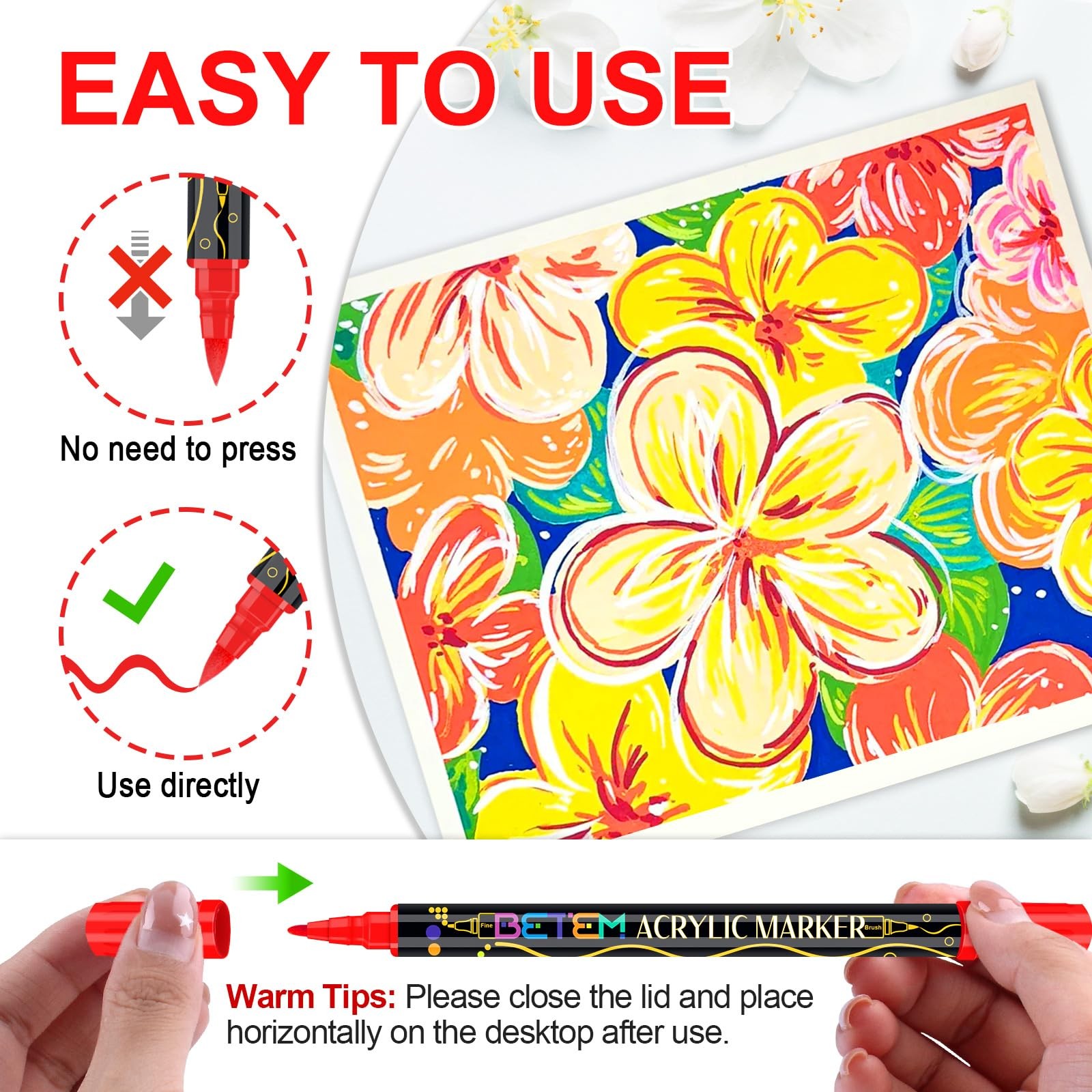 Betem Paint Markers Acrylic Paint Pens, Dual Tip 72 Colors Acrylic Markers with 