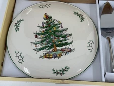 NIB Vintage-Spode Christmas Tree Cake Plate & Metal Server Holiday Dish Set