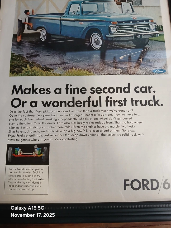 1966 F100 Blue Vintage Framed 8" X 11" Print Ad F-100 Truck Man Cave Garage Art - Image 3 of 4
