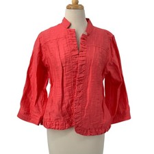 Chico's 3/4 Sleeve Open Front Linen Blazer/Jacket Coral Ruffle Front Sz 1/Med