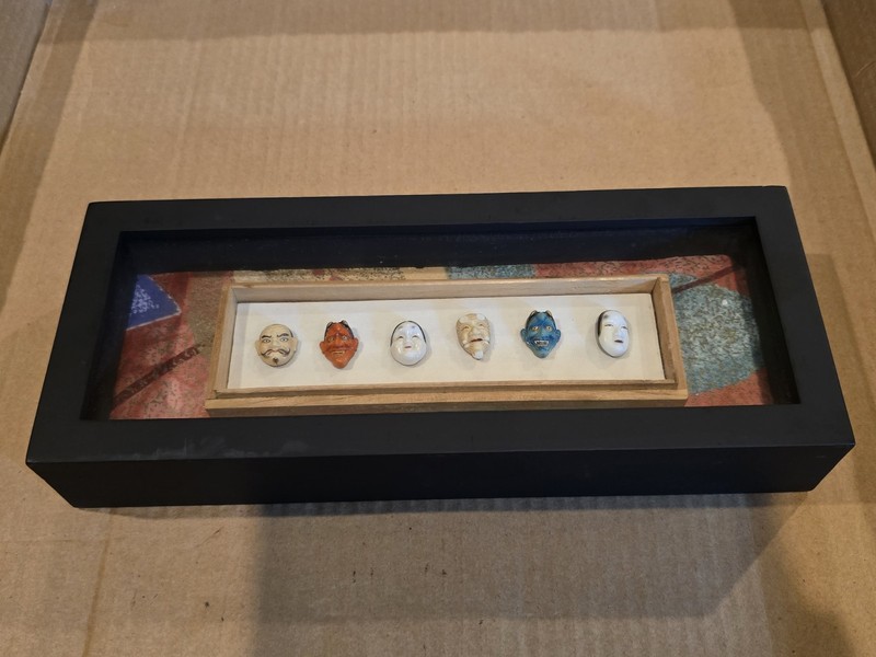 Japanese Noh Kabuki Porcelain Mask Collection Wood Box Display Miniature Vintage