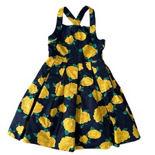 NWOT Janie and Jack Yellow Floral Dress Navy Blue Cotton Pleated Cross Back Sz 8