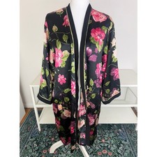 Vintage Oscar De La Renta Womens Black/Pink Floral Rose Silky Kimono Robe Small
