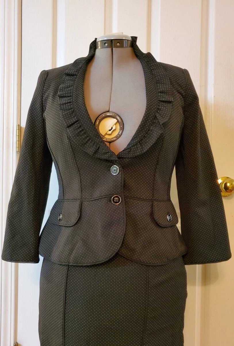 White House Black Market 2PC Black Polka Dot Skirt Suit Ruffles