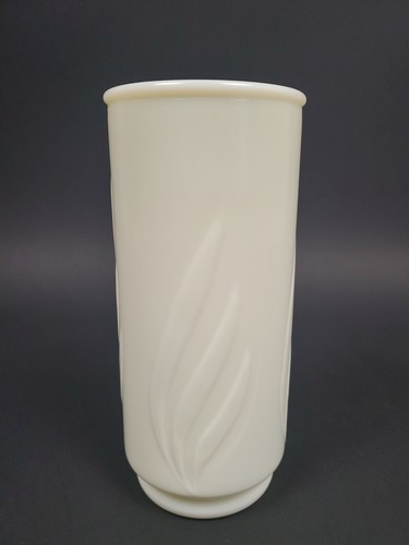 Vintage Embossed Glass Vase Cream Colored Cylinder Flame Leaf Petal 7 1/4" Tall