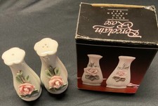 Vintage Delicate Raised Pink Rose Salt and Pepper Shaker Set Porcelain Beautiful