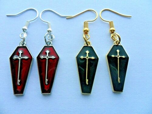 New Alloy and Enamel Coffin Shaped Pairs of Earrings Black and Red - Picture 1 of 6