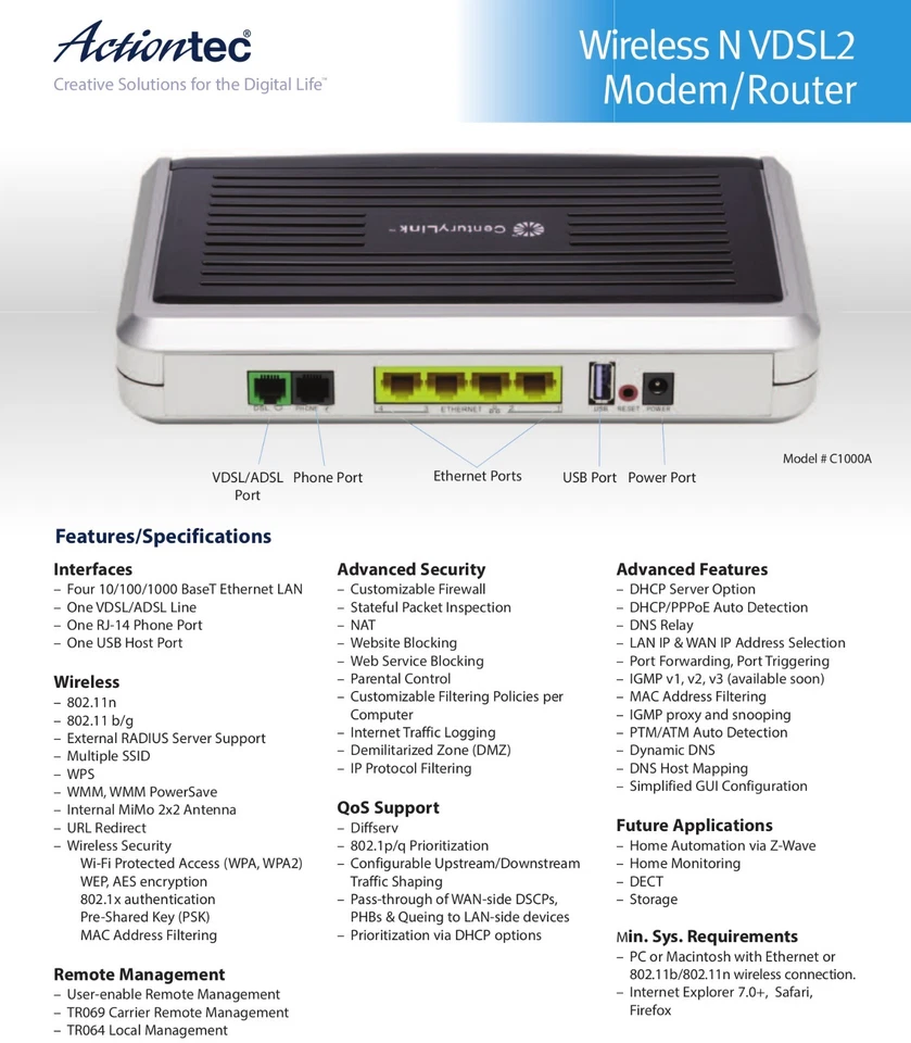Actiontec CenturyLink C1000A 300 Mbps 4-Port Wireless N Router Gigabit Modem - Image 4 of 4
